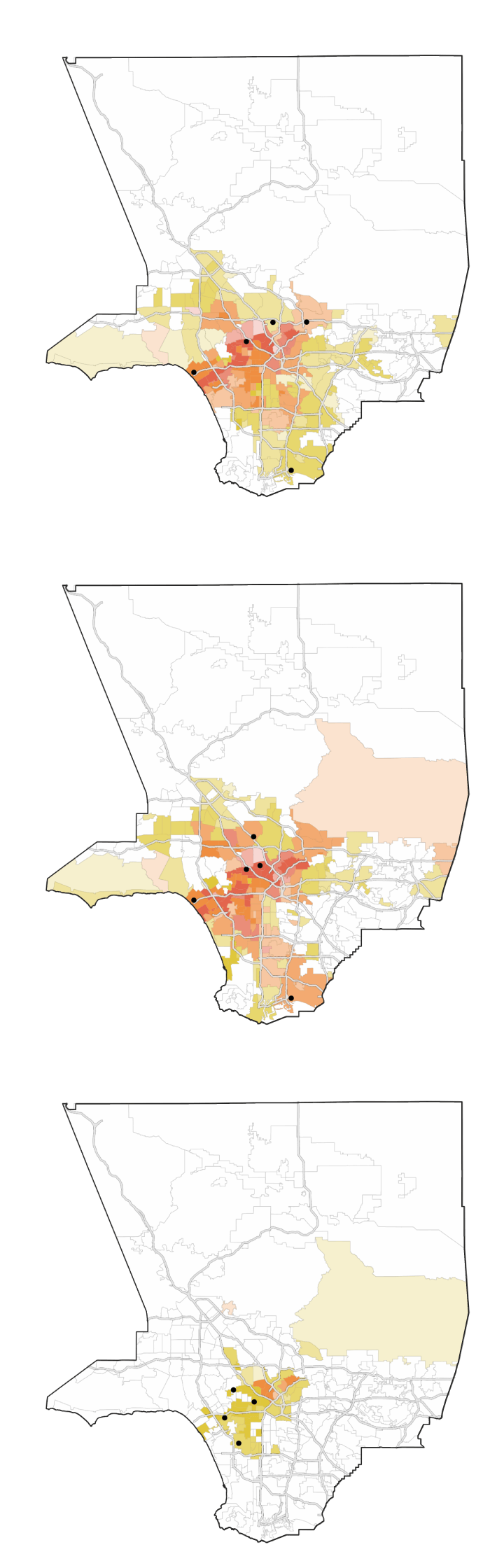 Neighborhood maps of Los Angeles County showing declining support for George Gascón over time. In the 2020 general election he won a majority of neighborhoods including Glendale, Pasadena, Hollywood, Santa Monica and Long Beach. In the March 2024 primary he won neighborhoods including Hollywood, Los Feliz, Burbank, Santa Monica and Long Beach. In the November 2024 general election he won neighborhoods including West Hollywood, Koreatown, Culver City and Inglewood.